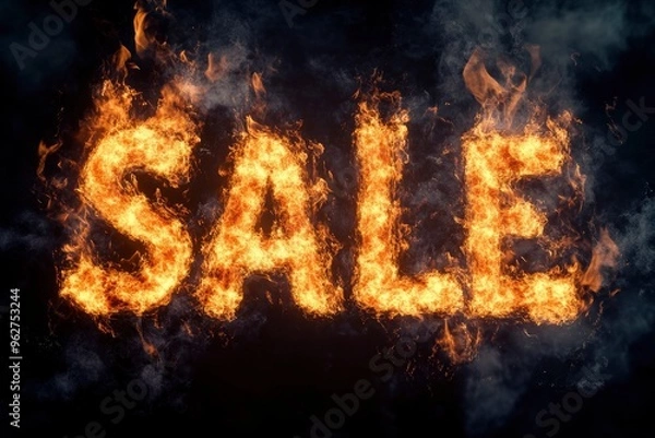Fototapeta text "sale" burning in fire on black background. 3D Rendering with generative ai