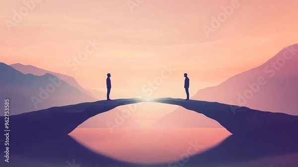 Obraz two human silhouettes standing on opposite sides, connected by a bridge, symbolizing emotional connection, understanding, and support