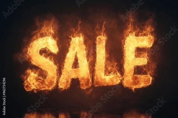 Fototapeta text "sale" burning in fire on black background. 3D Rendering with generative ai