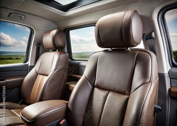 Fototapeta A satin-finish leather headrest features soft-touch padding and adjustable bolsters, designed for comfort atop a