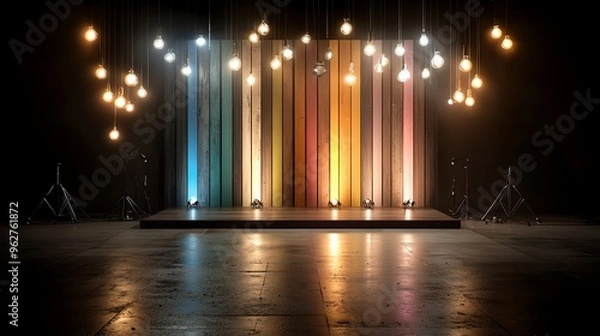 Fototapeta Rainbowcolored lights in vertical stripes, pulsating with intensity, vibrant and modern stage setup