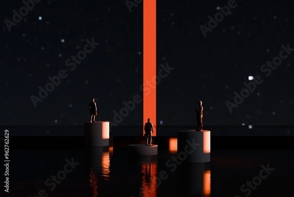 Fototapeta silhouette of a man standing in front of the entrance to the orange and black hallway. 3d illustration.