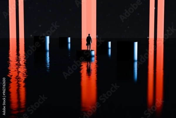 Fototapeta silhouette of a man standing in front of the entrance to the orange and black hallway. 3d illustration.