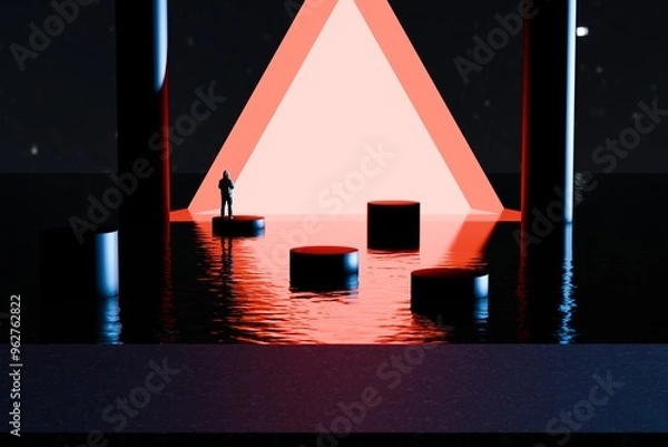Fototapeta silhouette of a man standing in front of the entrance to the orange and black hallway. 3d illustration.