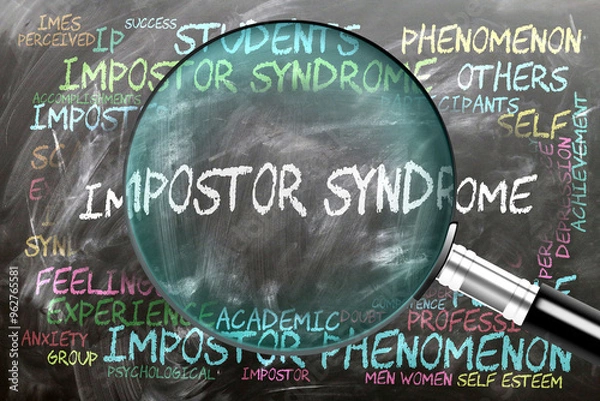 Fototapeta Impostor Syndrome being studied, examined - under close inspection. Most important subjects and ideas closely related to impostor syndrome. ,3d illustration