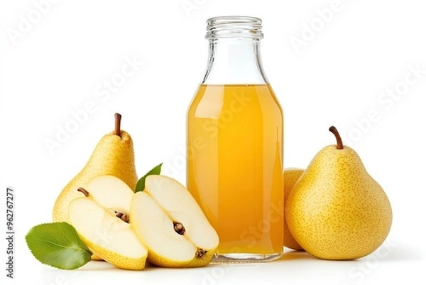 Fototapeta Fresh Pear Juice Bottle With Pear Slices isolated on a white background