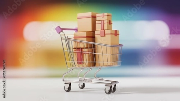 Fototapeta A shopping cart filled with neatly stacked gift boxes against a colorful blurred background