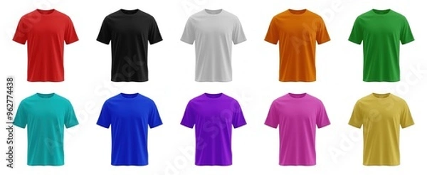 Obraz Collection of plain t-shirts in various vibrant colors, displayed on a white background, ideal for apparel design or fashion mockups. Generative AI