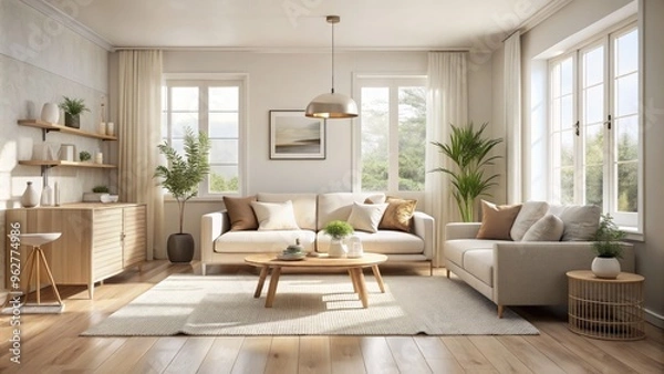 Fototapeta In this soothing retreat, a subtle blend of white, ivory, beige, and gray hues wraps the space in