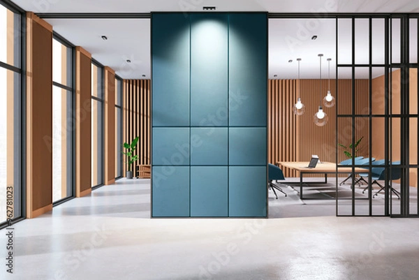 Fototapeta Modern office interior with wooden panels and large windows. 3D Rendering
