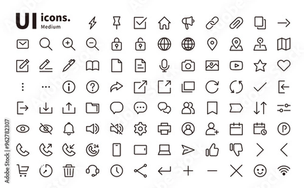 Obraz UIアイコン線　基本シンプルセット（ミディアムな太さ）スマホ・WEBデザインのメニューアイコン等に