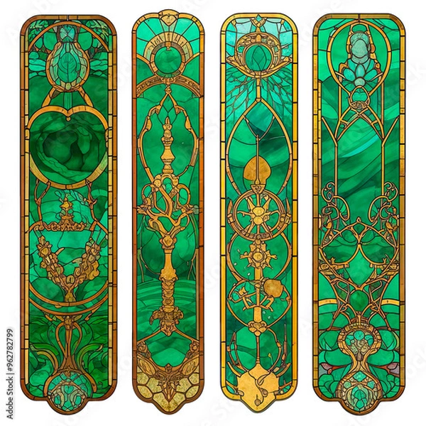 Obraz A set of four vertical designs with stained glass windows in shades of emerald and gold and a place for text, antique book bookmarks, a collection of modular paintings.