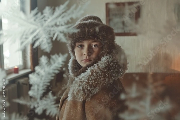 Fototapeta Young child stands in modern minimalistic living room covered in hoarfrost, wearing brown coat, with snowflakes, holding candle, looking directly at camera, surrounded by soft filtering through white