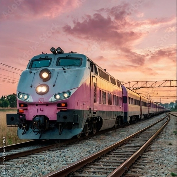 Fototapeta Close up photo of the train's front on a railway in the province with pastel color pink sky