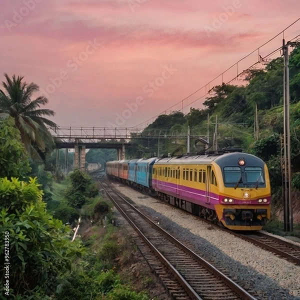Fototapeta Train on the railways on a countryside with trees on the background 