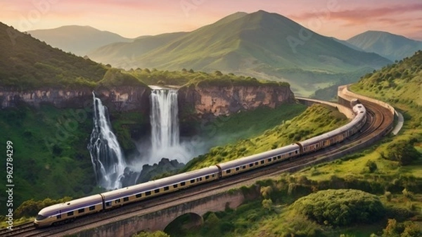 Fototapeta Breathtaking view of mountain ranges and falls with a train passing by, a perfect spot for travellers who love natures and trains