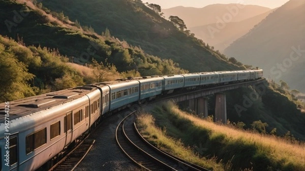 Fototapeta Train passing by on a mountain range on a country side