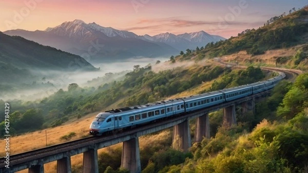 Fototapeta Train on a railways in a countryside with a fascinating mountain ranges view and a pastel color sky, perfect for travelers who love natures and train