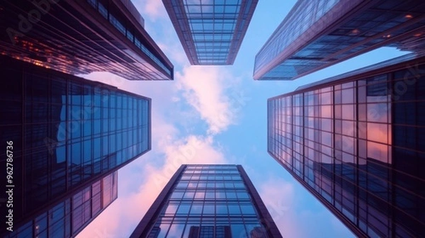 Fototapeta A view of skyscrapers from below, showcasing glass facades against a colorful sky.