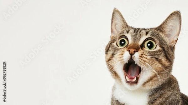 Fototapeta A shocked cat with large, expressive eyes and an open mouth captures an amusing moment, standing out vividly against a clean white background for any text