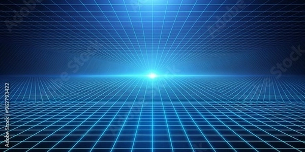 Fototapeta Digital Grid Horizon Blue Neon Lines, Glowing Abstract, Futuristic Landscape, Cyberpunk, 3D, Sci-Fi, Background