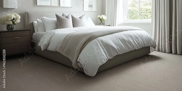 Fototapeta Modern bedroom with patterned carpet and a bed.