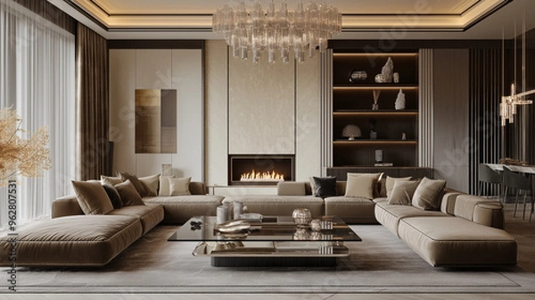Fototapeta modern living room, A minimalist living room with a color palette, featuring a sleek white sofa, a black coffee table, and  room is decorated with a few plants,