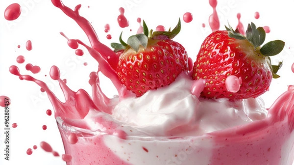 Fototapeta Fresh strawberry splashing into creamy yoghurt isolated on white background.