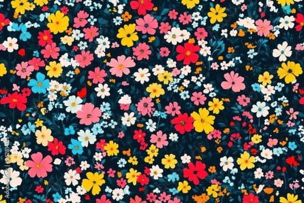 Fototapeta Lively blossom pattern showcasing small bright flowers. Influenced by liberty aesthetic. Seamless floral backdrop for clothing creations. Ditsy theme