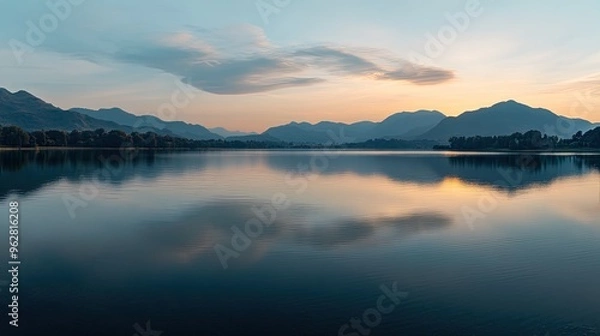 Fototapeta Serene twilight over a calm lake surrounded by mountains, reflecting soft colors in the water.