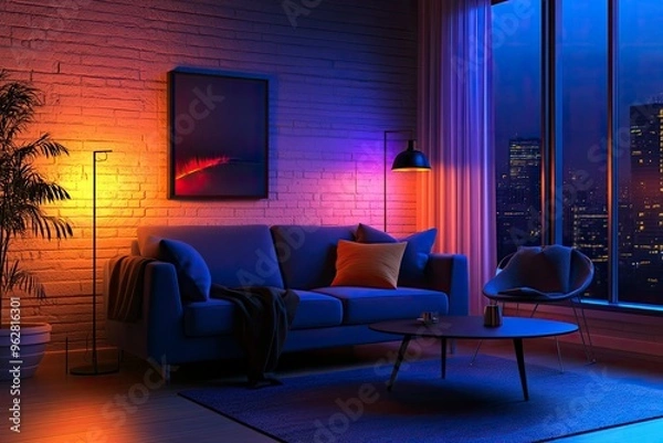 Fototapeta Interior of living room with sofa, armchair, table and glowing lamps in evening , ai