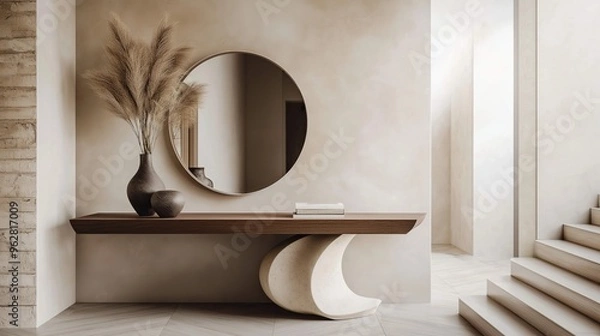 Obraz An inviting entryway with a sleek console table, a large round mirror