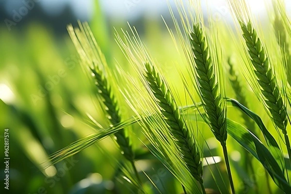 Fototapeta Close up of green ears of wheat on the field. Nature background