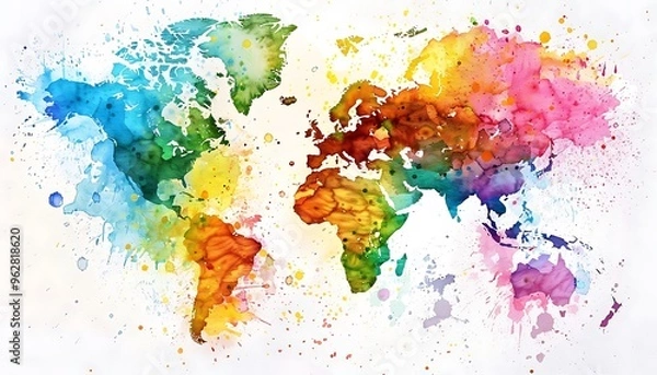 Fototapeta Watercolor World Map: A vibrant and colorful watercolor painting of the world map, symbolizing global connection, diversity, and unity.  