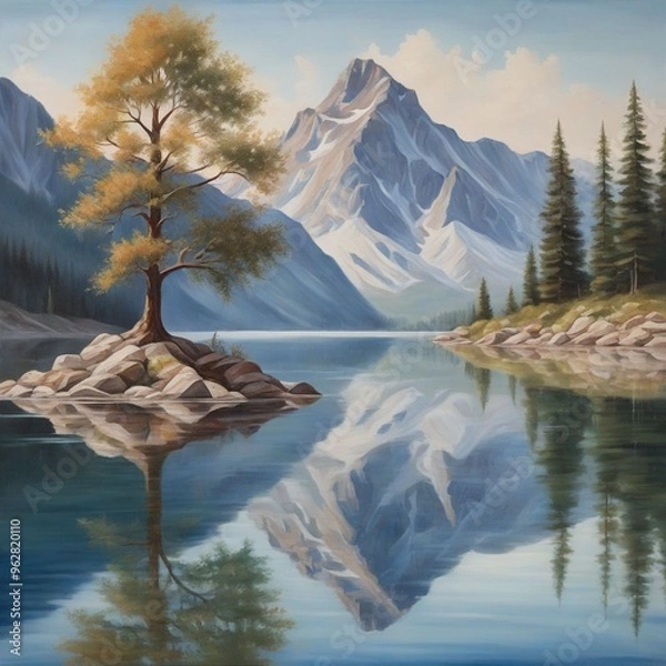 Fototapeta reflection of trees in the lake with mountains horizon wilderness beauty environment background