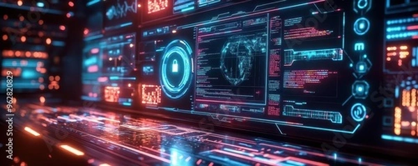 Fototapeta Holographic cybersecurity audit, AI-driven threat detection, glowing data streams, futuristic tech interface