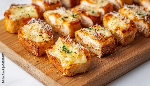 Fototapeta A wooden platter filled with deliciously baked cheese-topped bread slices, garnished with herbs.