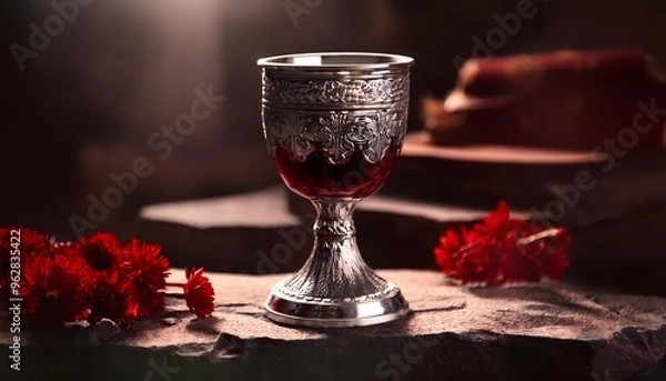 Fototapeta A silver chalice filled with dark red liquid, placed on an ancient stone altar
