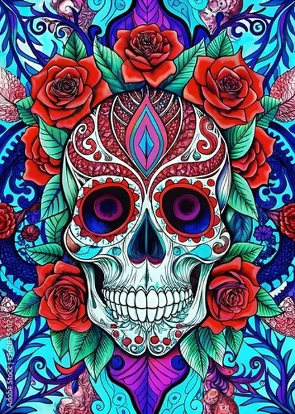 Fototapeta Vibrant Skull Roses Colorful Art Day of Dead Celebration Design