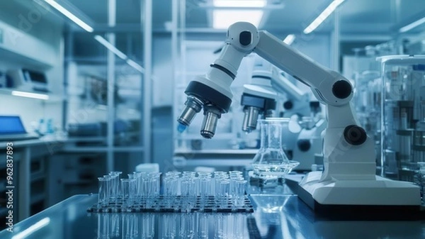 Fototapeta Biotechnology lab equipped with robotic systems for drug discovery and genetic research