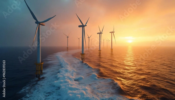 Obraz Offshore Wind Turbines with Waves at Sunset