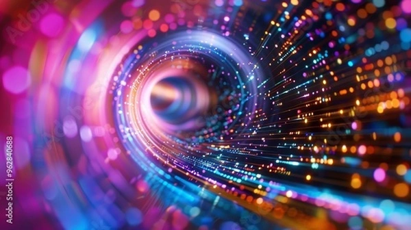 Fototapeta Photographs of high-speed fiber optic data transfer, the development of ultra-fast broadband, digital network connectivity, electronic mobility, and cyber evolution.