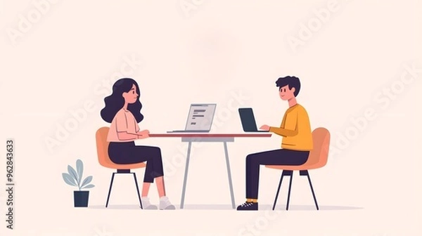 Fototapeta Two people sitting at a table with laptops in front of them