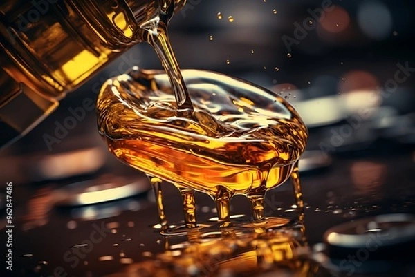 Fototapeta Pouring maple syrup into glass bowl on dark background, closeup