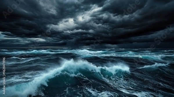Fototapeta A turbulent ocean scene with dark storm clouds looming overhead and powerful waves crashing in the foreground - AI Generated Digital Art.