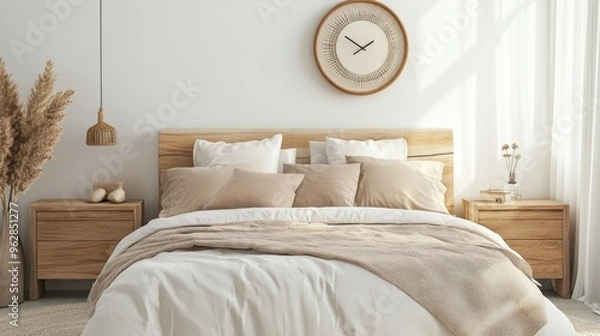 Fototapeta Cozy bedroom setup with a plush bed, decorative pillows, wooden bedside tables, and a simple clock on the white wall.