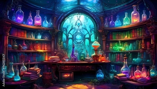 Fototapeta A mysterious room filled with spell books and potions
