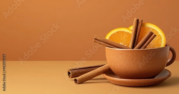 Fototapeta A minimalistic composition of cinnamon sticks and orange slices in a ceramic cup, set against a warm orange background - AI Generated Digital Art.