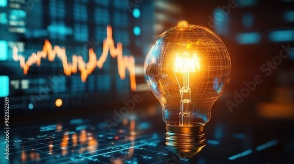 Fototapeta Electricity price increase shown on a graph with global market symbols and a glowing light bulb. Worldwide energy cost rise. -