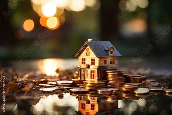 Fototapeta House model on stack of coins with bokeh background. Real estate investment and saving concept.